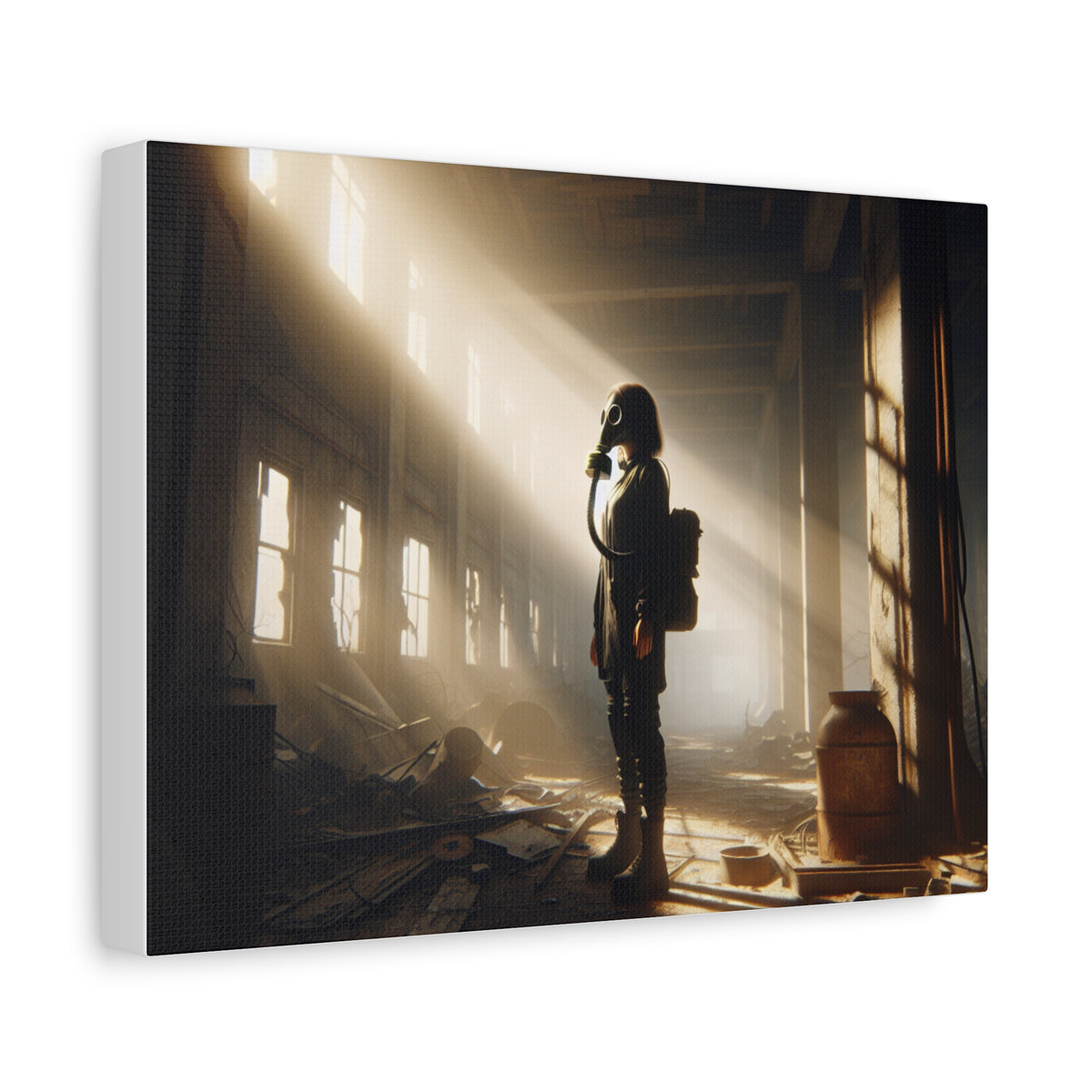 Canvas Print - Woman Gas Mask Abandoned Building Light Beam