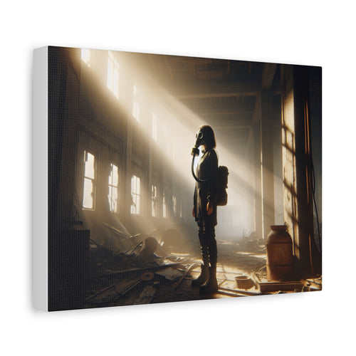 Canvas Print - Woman Gas Mask Abandoned Building Light Beam