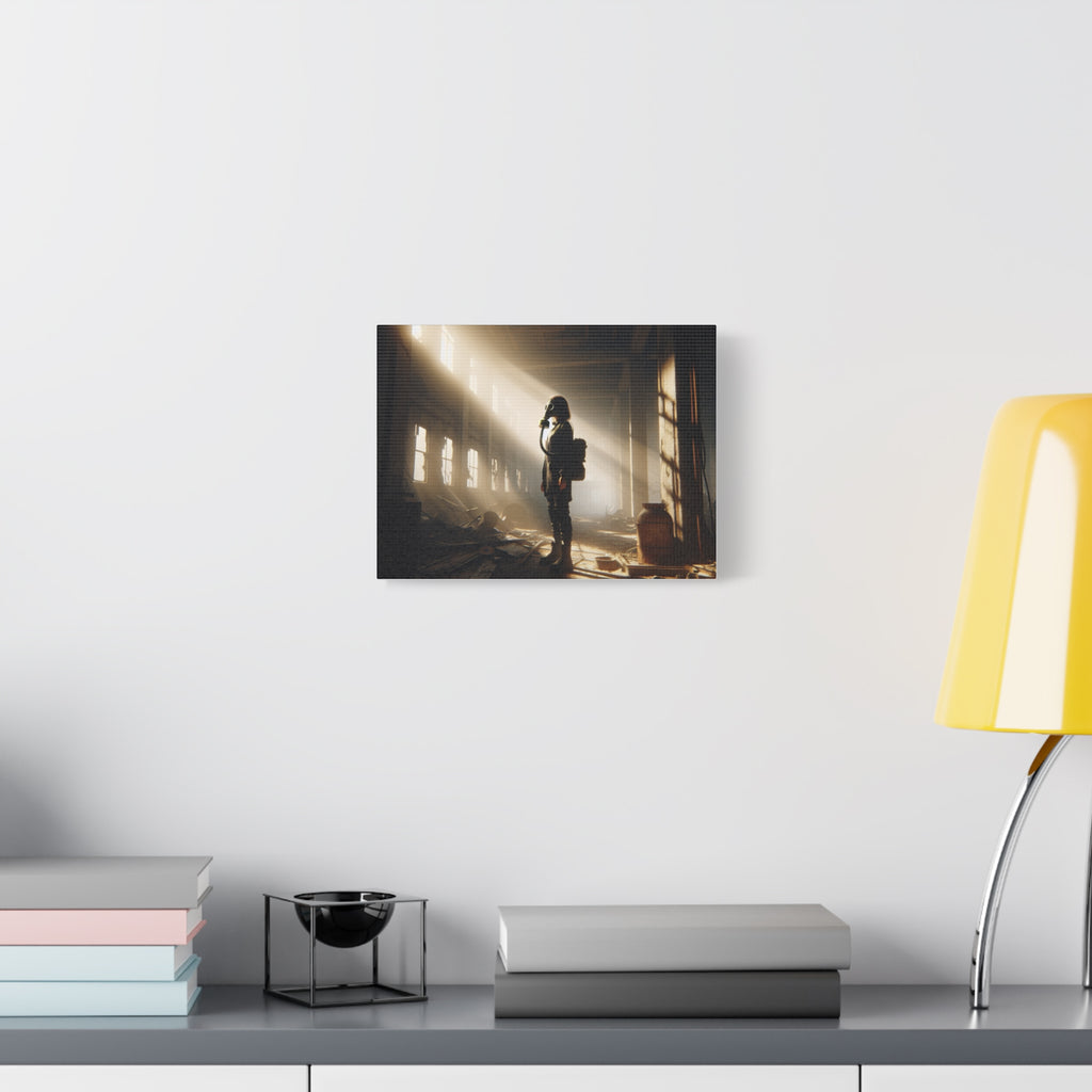 Canvas Print - Woman Gas Mask Abandoned Building Light Beam