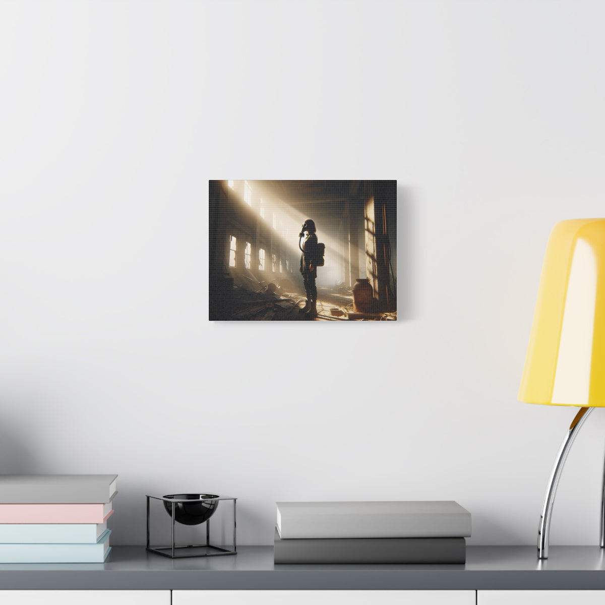 Canvas Print - Woman Gas Mask Abandoned Building Light Beam