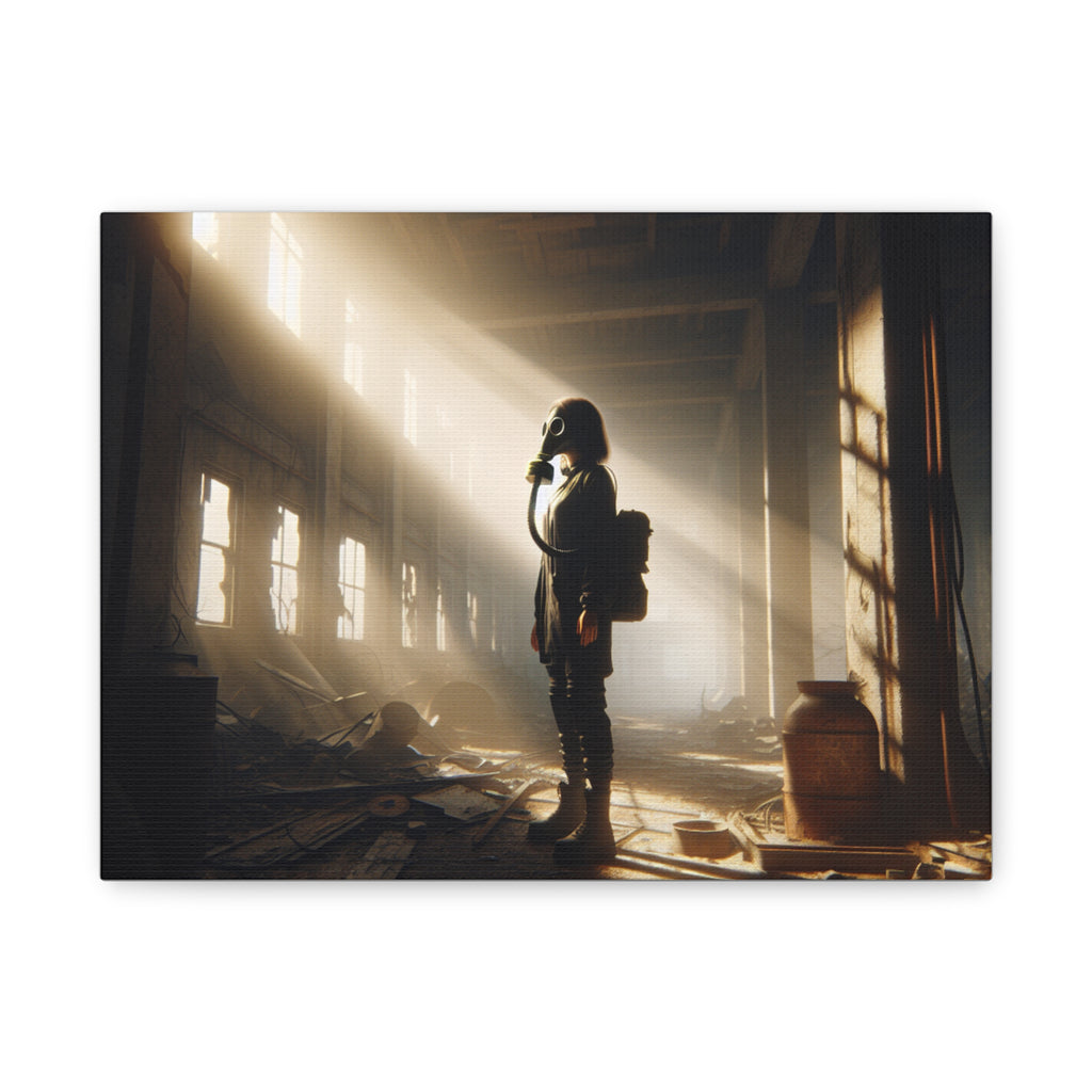 Canvas Print - Woman Gas Mask Abandoned Building Light Beam