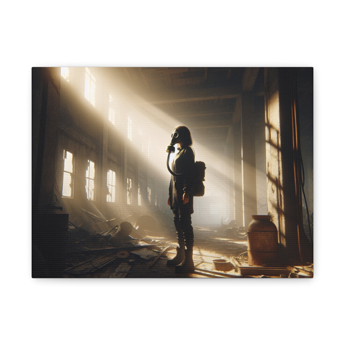 Canvas Print - Woman Gas Mask Abandoned Building Light Beam